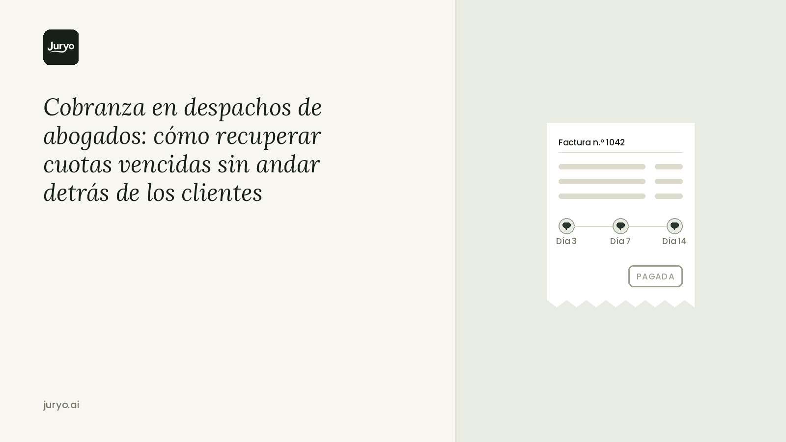 nfografía de Jryo.ai sobre la gestión de cobranza y recuperación de cuotas vencidas en despachos de abogados con automatización de facturas.