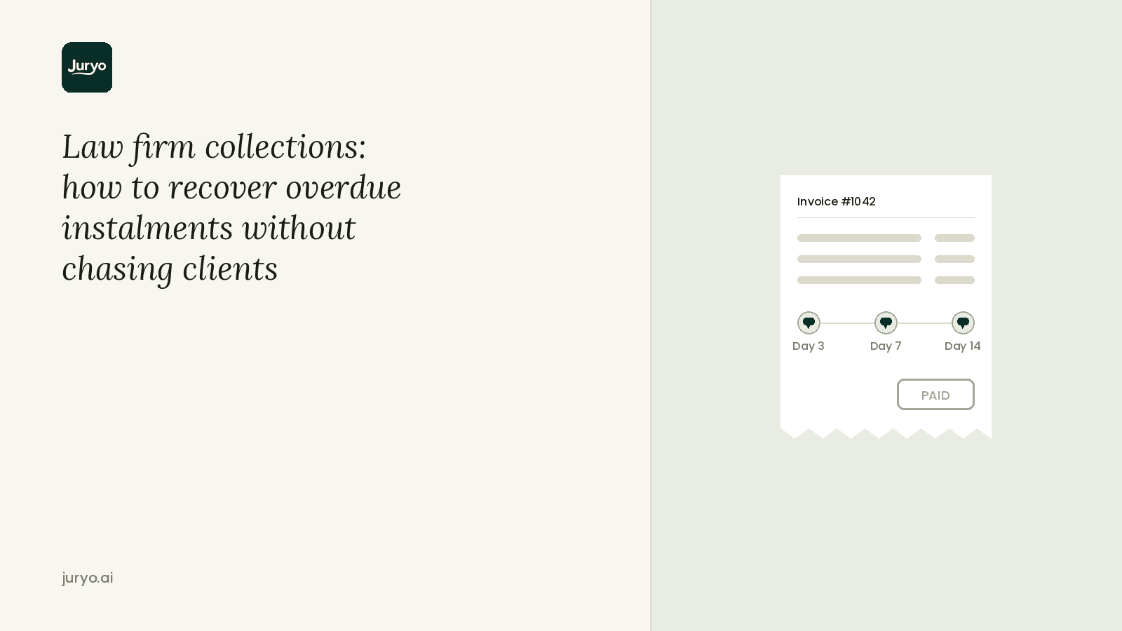 Juryo.ai graphic illustrating law firm collections and how to recover overdue installments without chasing clients.